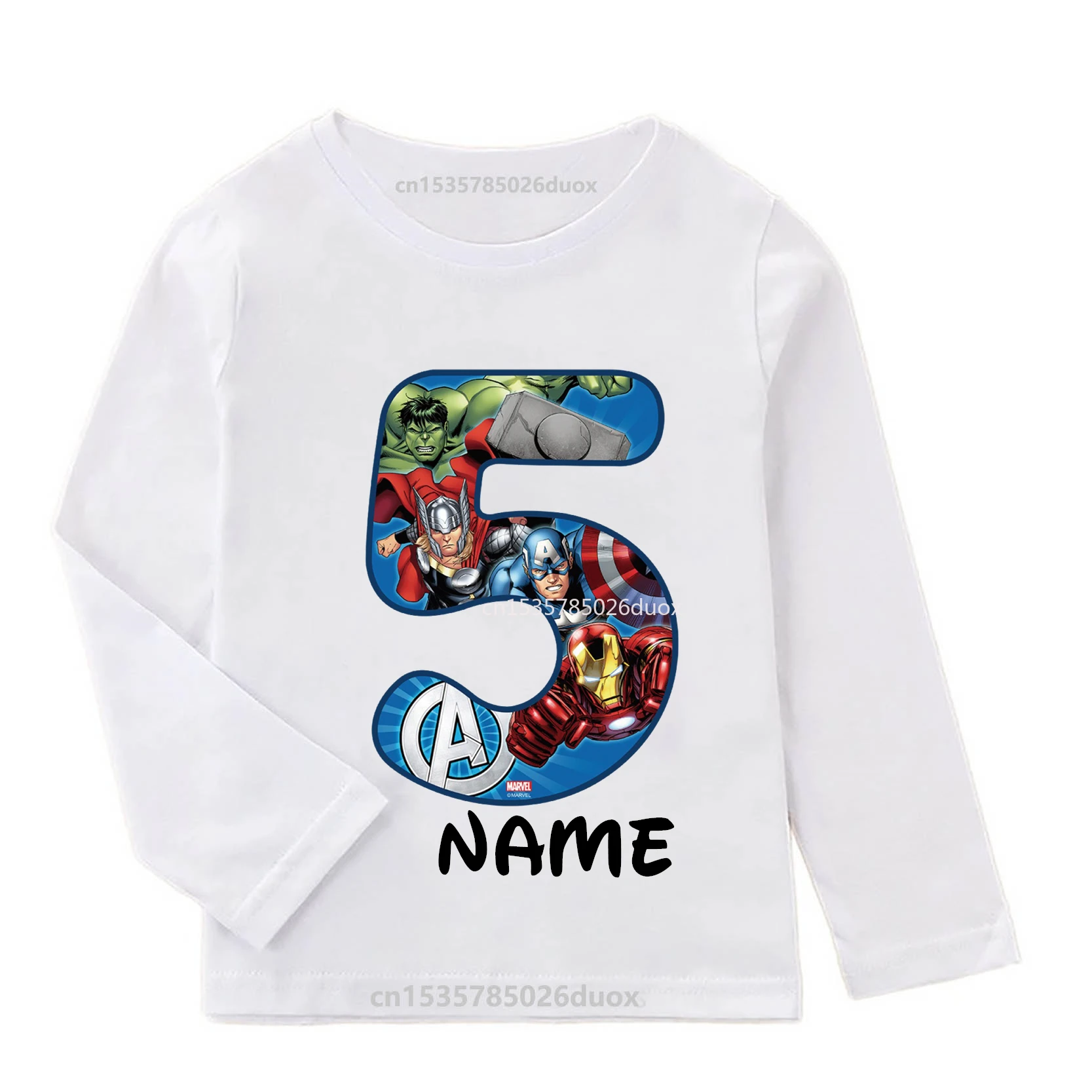 Kid BOY MARVEL Spiderman Iron Man Hulk Birthday Long Sleeve T-shirt The Avengers Personalized Name  Autumn Bottoming GIRL Shirt