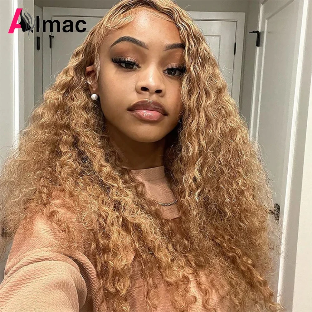 300% Density Kinky Curly Honey Blonde #27 Colored Human Hair Wig Pre-plucked Transparent Lace Front Wigs Baby Hair Color Wigs