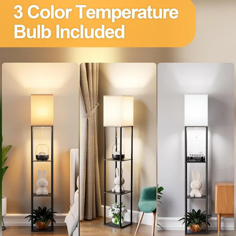 Multi-Functional Floor Lamp with Tiered Shelf | Fabric Shade & Minimalist Design for Living Room/Bedroom (UL  Light Bulbs)