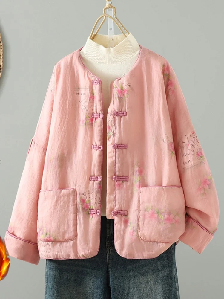 

New Chinese Sle Tang Suit Cotton Linen ort Jaet Women Winter Thiened Nel Cotton Clothes Print Design Commute