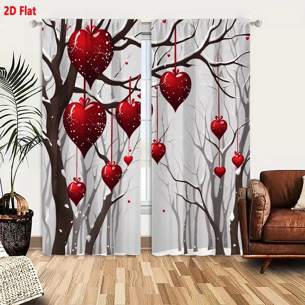 2Pcs Curtains Add 2D Flat Wintery Forest Scene With Glossy Deep Red Hearts Hanging From Bare Trees And Snow Dusting The Ground W