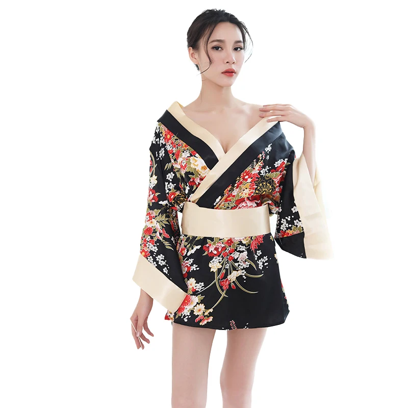 

Japanese Floral Sexy Kimono Sexy Lingerie Seductive Bathrobe Passion Nightdress Pajamas Charm Costumes Women's Role Play Robe