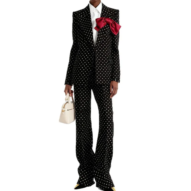 HKSH 2026 Spring New Women Two-piece Suit Set Bowknot Polka Dot Printed Single Breasted Elegant Blazer Jacket Chic Pants HK19089