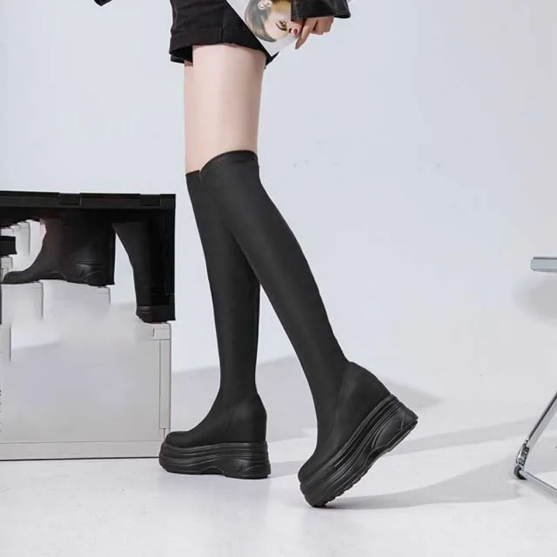 Fujin 11CM Microfiber Leather Platform Wedge Knee High Booties Women Autumn Slip on Spring Chimney Hidden Heels Over The Shoes