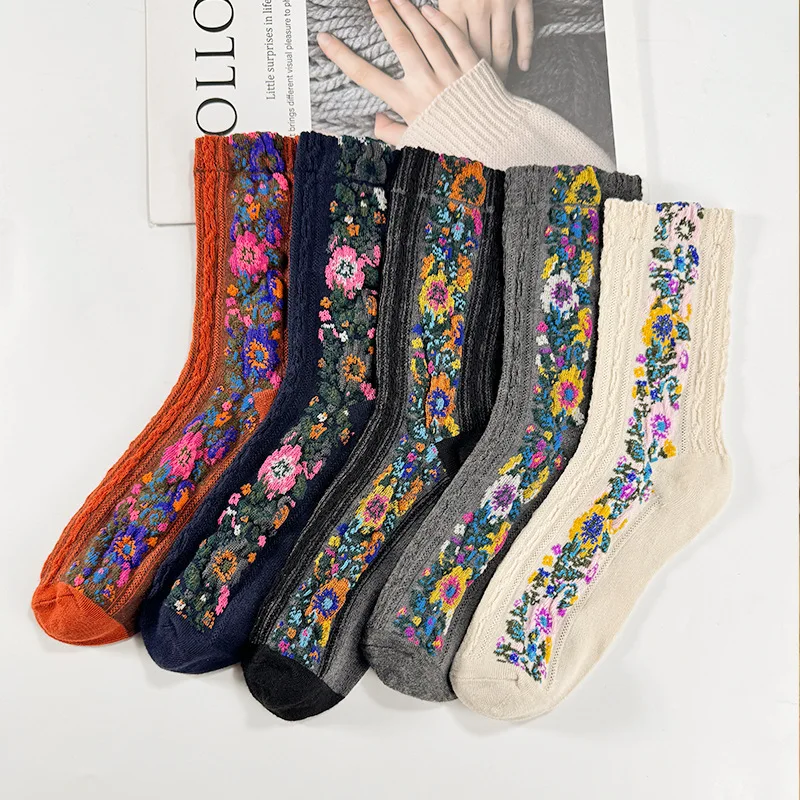 5 Pairs Floral Textured Socks, Retro Court Style All-match Socks, New Women Vintage Cute Socks, Women's Stockings & Hosiery