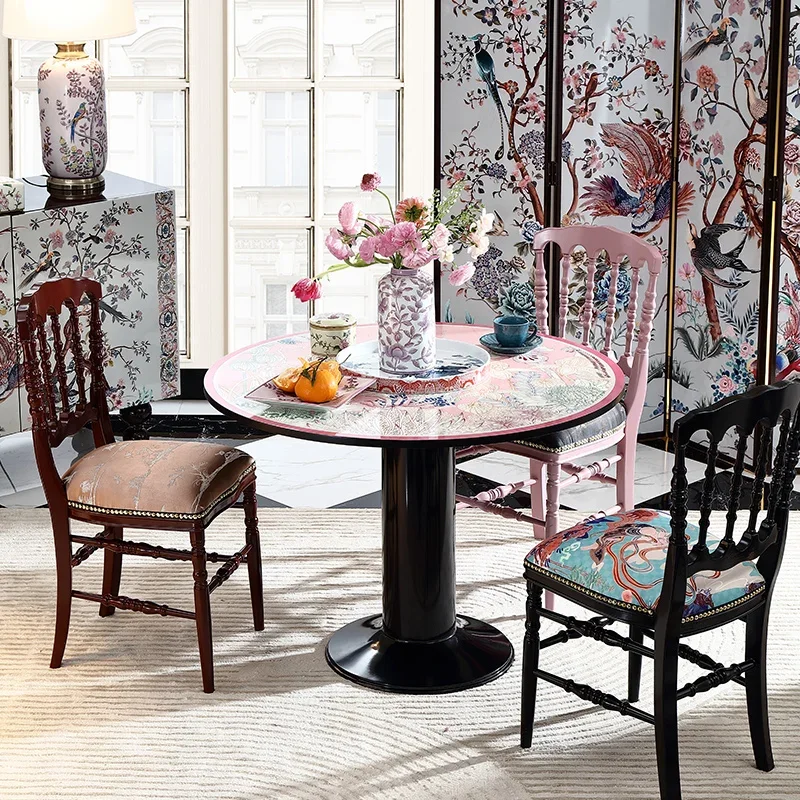 Small apartment Chinese retro round dining table art living room home dining table French painted leisure table 1 meter