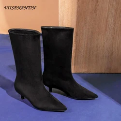 2023 Luxury Footwear Fashion Pointed Toe Thin Low Heel Western Boot Suede Leather Slip on Simple Elegant Ladies Work Dress Botas