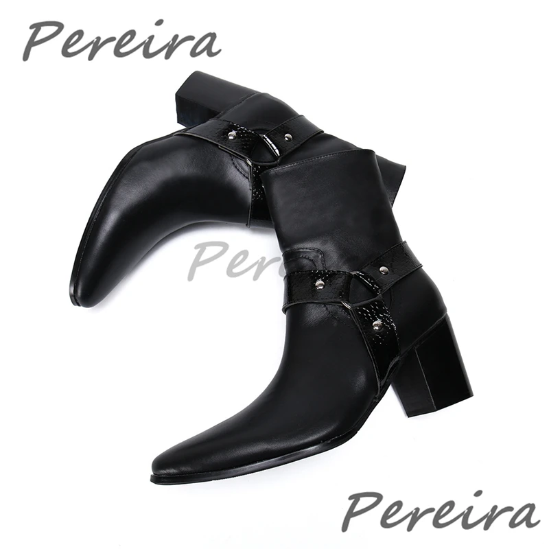 

Black Cowhide Pointy Toe Short Boots for Men Fashion Designer Metal Ring Strap Chelsea Boots British Style Handmade Dress Shoes