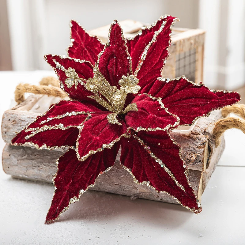 New Christmas Flower Red White Glitter Poinsettia Flowers Christmas Tree Artificial Flower 2025 New Year Party Decoration