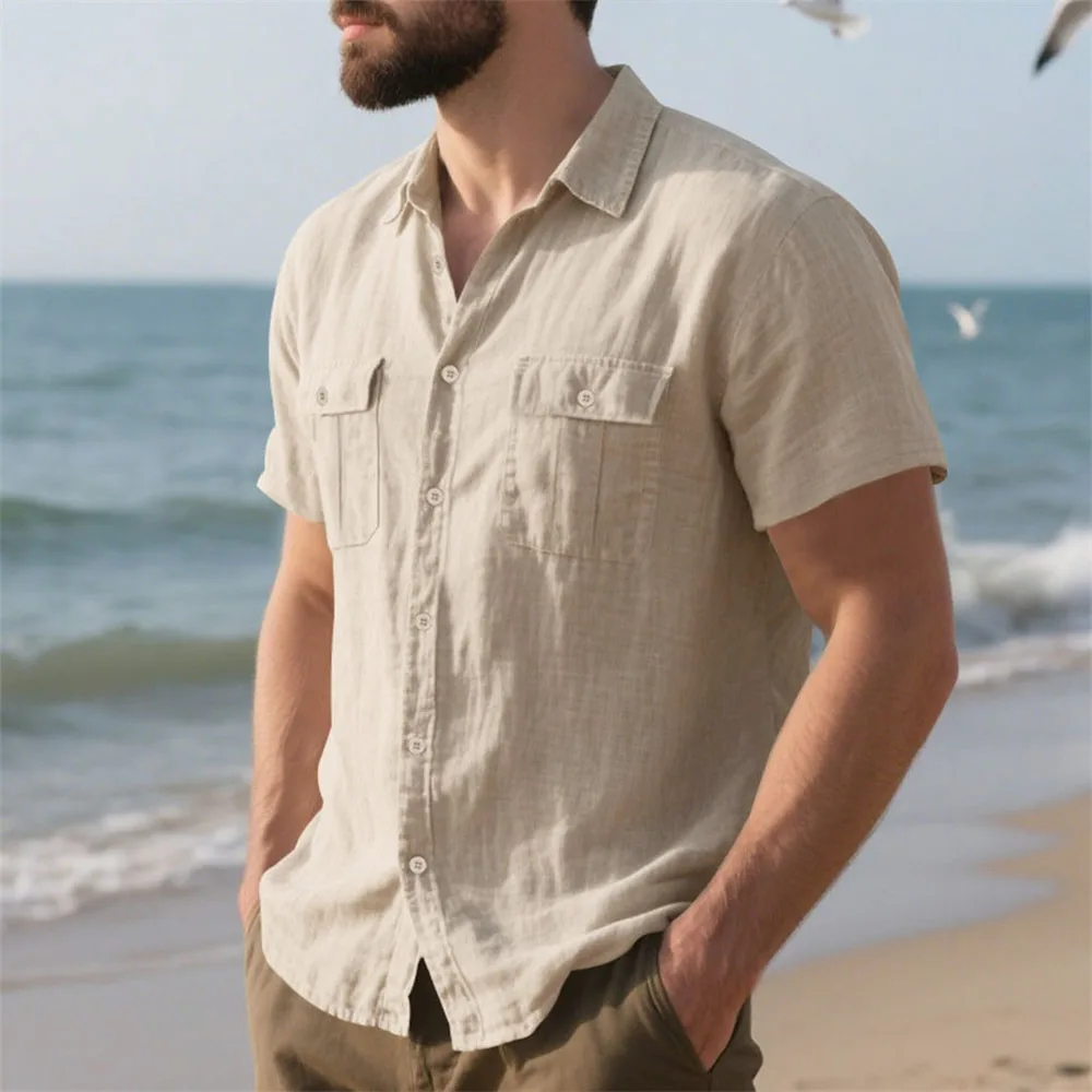 Summer Men's Cotton Linen Short Sleeve Shirt Double Pocket Solid Color Cargo Shirts Casual Vacation Beach Style Lightweight Tops