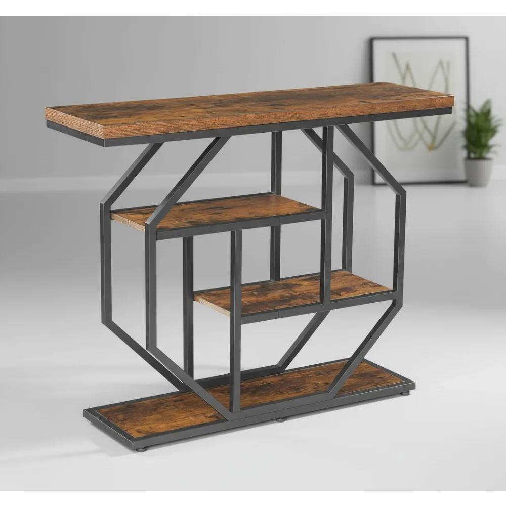 Industrial Console Table with Storage, Rustic Brown Entryway Sofa Table for Living Room Hallway