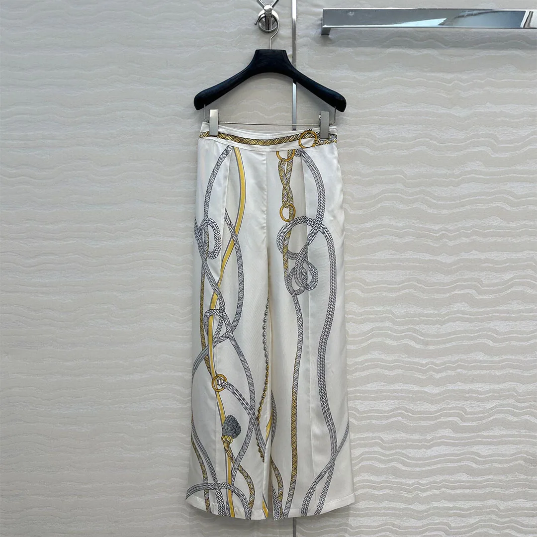 

2025 New Fashion Summer 100% Silk Wide Leg Pants Women Zipper Elastic High Waist Print Chain Tassel Pattern Retro Trousers