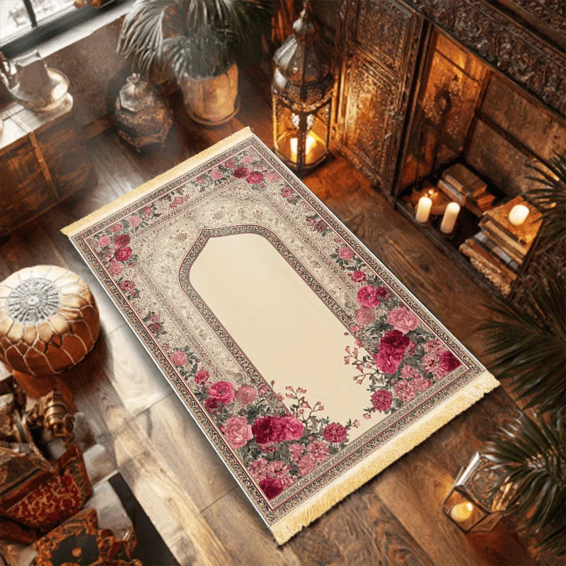 Tapis de prière islamique VIKAMA beige rose rétro style palais avec pompons jaunes pour la maison, la chambre et le salon