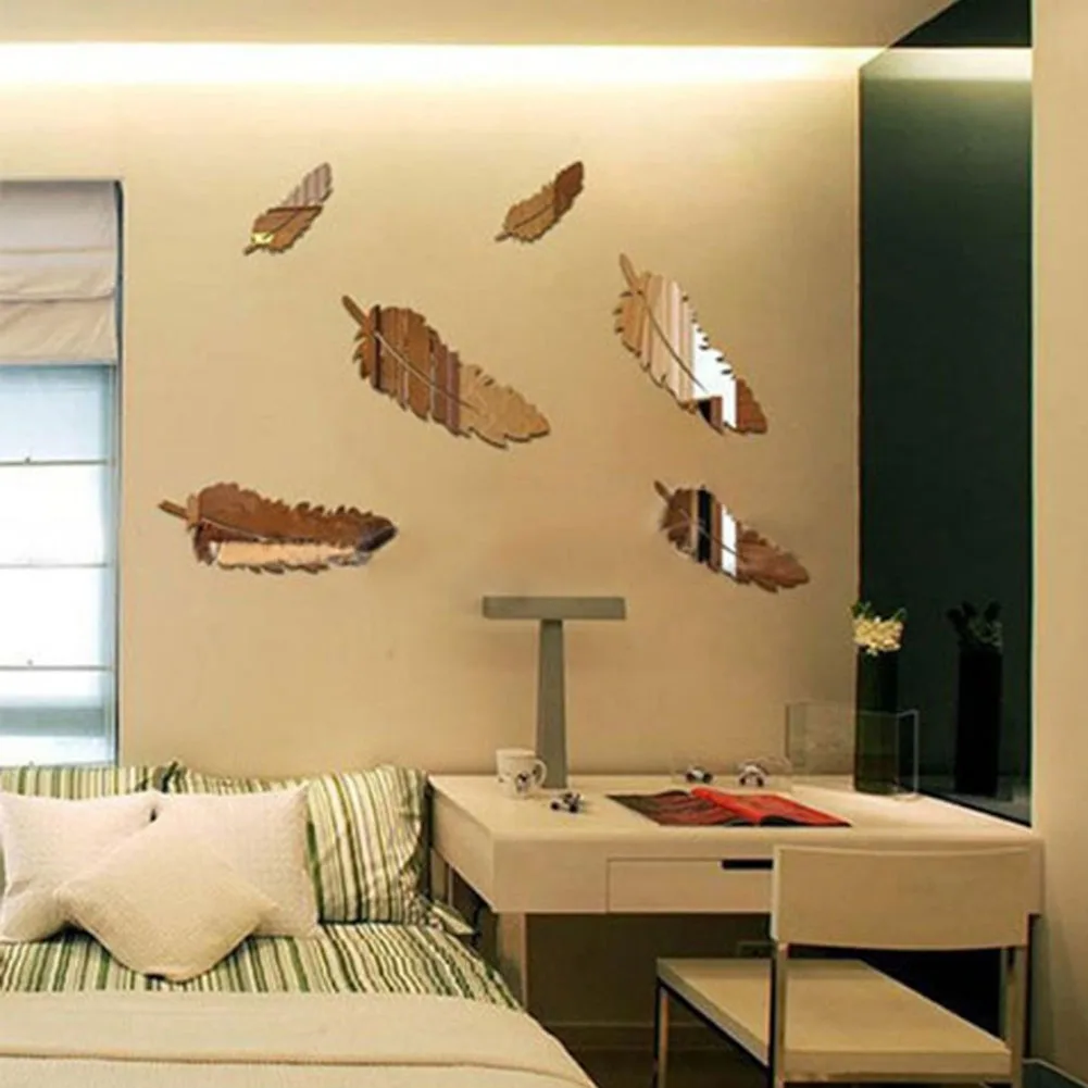 8pcs Feather Mirror Wall Decor Romantic Home Decor Mirror Decorative Wall Sticker Living Room Decoration Mirrored Furniture