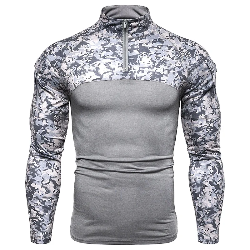 Men's Military Field Outdoor Elastic Fitness Camo Long Sleeve T-shirt Zip Up Pocket For Mens Gym Tactical T Shirts Ropa Hombre