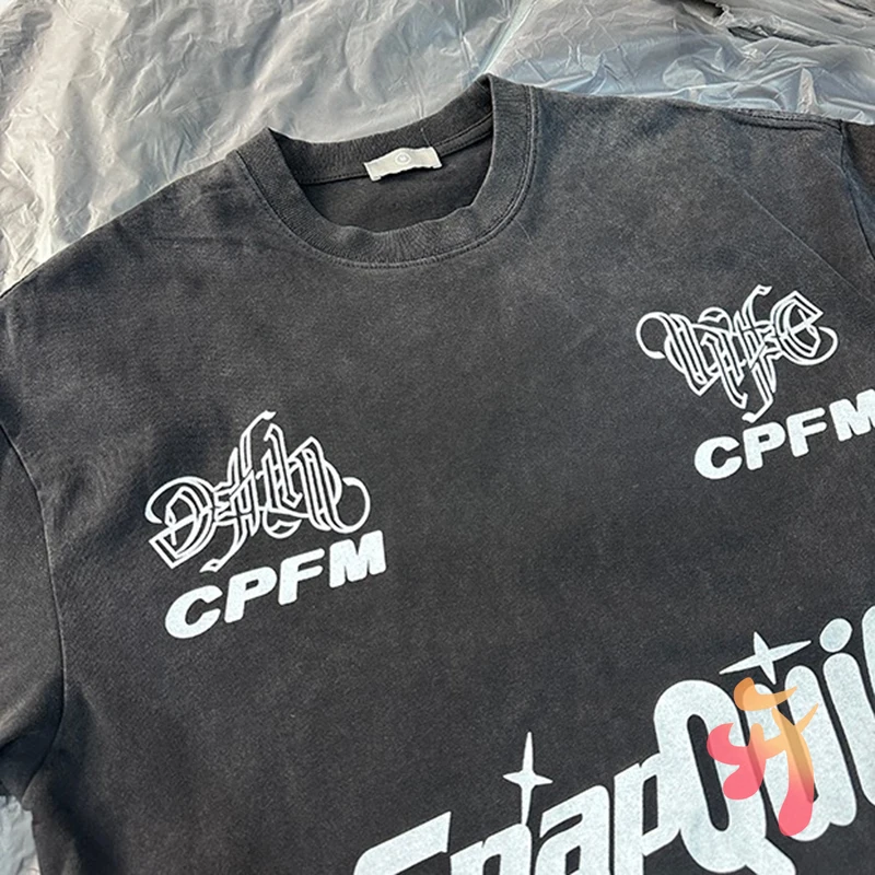 男性と女性のための半袖コットンTシャツ,レトロなウォッシュド,cpfm,アメリカのハイストリートストリートパターン,文字がプリントされたカジュアル