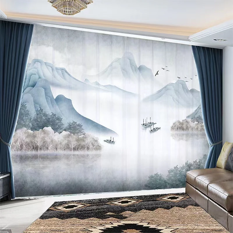 

Custom Chiffon Sheer Curtain Window Drape for Bedroom Living Room Mountain Hills River Boat Birds Trees Landscape