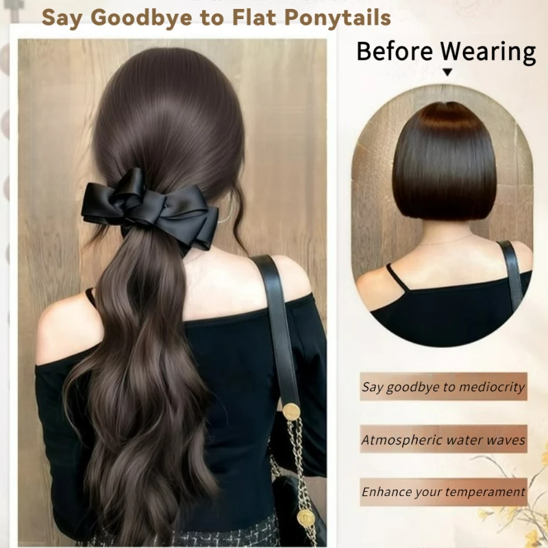 Elegant Synthetic Silk Bowknot Banana Claw Clip Ponytail Wig With Grab Clip Long Wavy Layered Ponytail for Women Daily Use image 5
