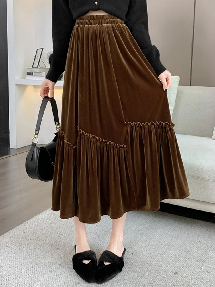 

Pleated Velvet Splicing Skirts Women's Clothing Sales Elegant Fashion Style Autumn Winter New Loose A-line Big Swing Long Skirt