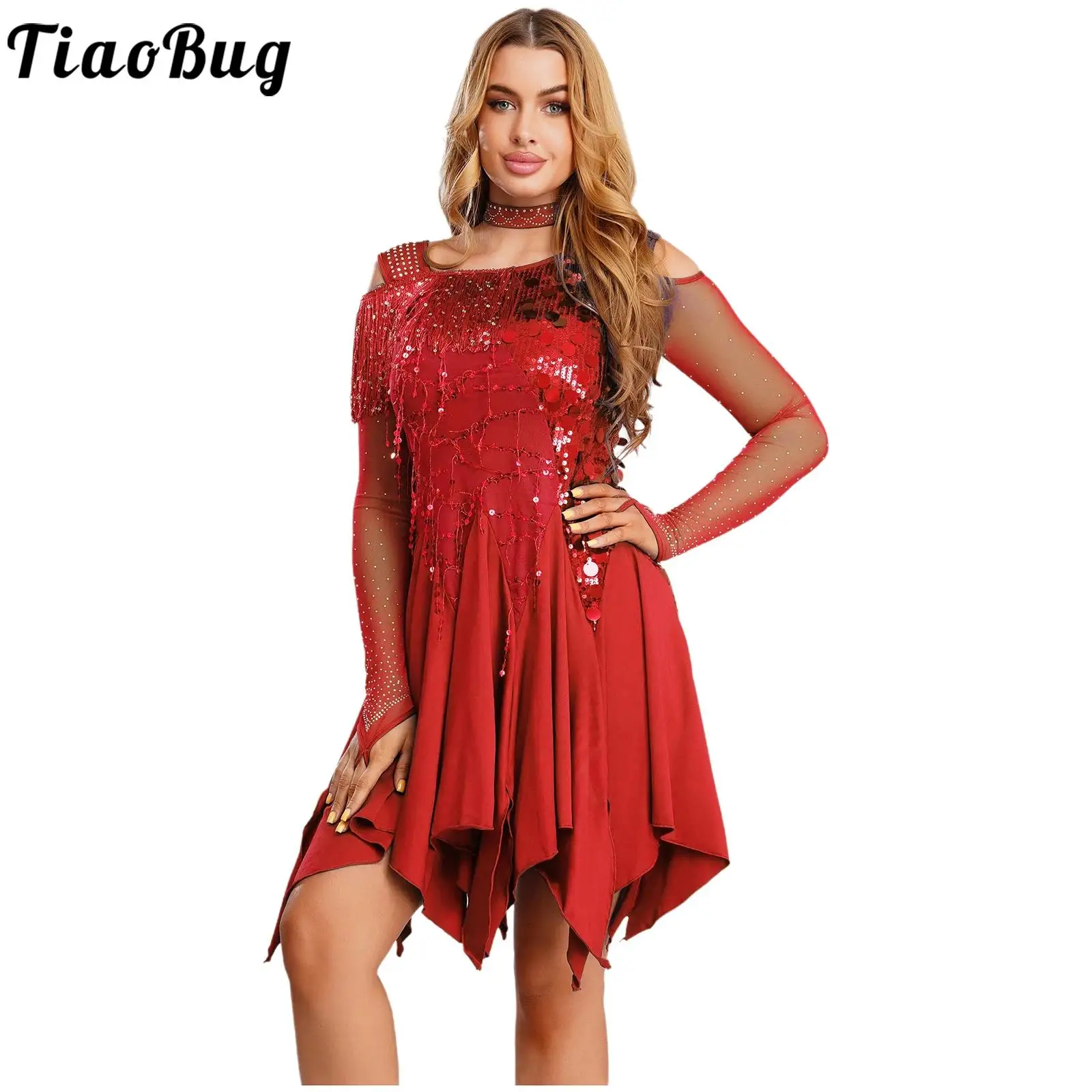 

Женское платье для латиноамериканских танцев танго, с прозрачными сетчатыми длинными рукавами, асимметричным подолом и чокером с пайетками и бахромой для бальных танцев и ча-ча-ча