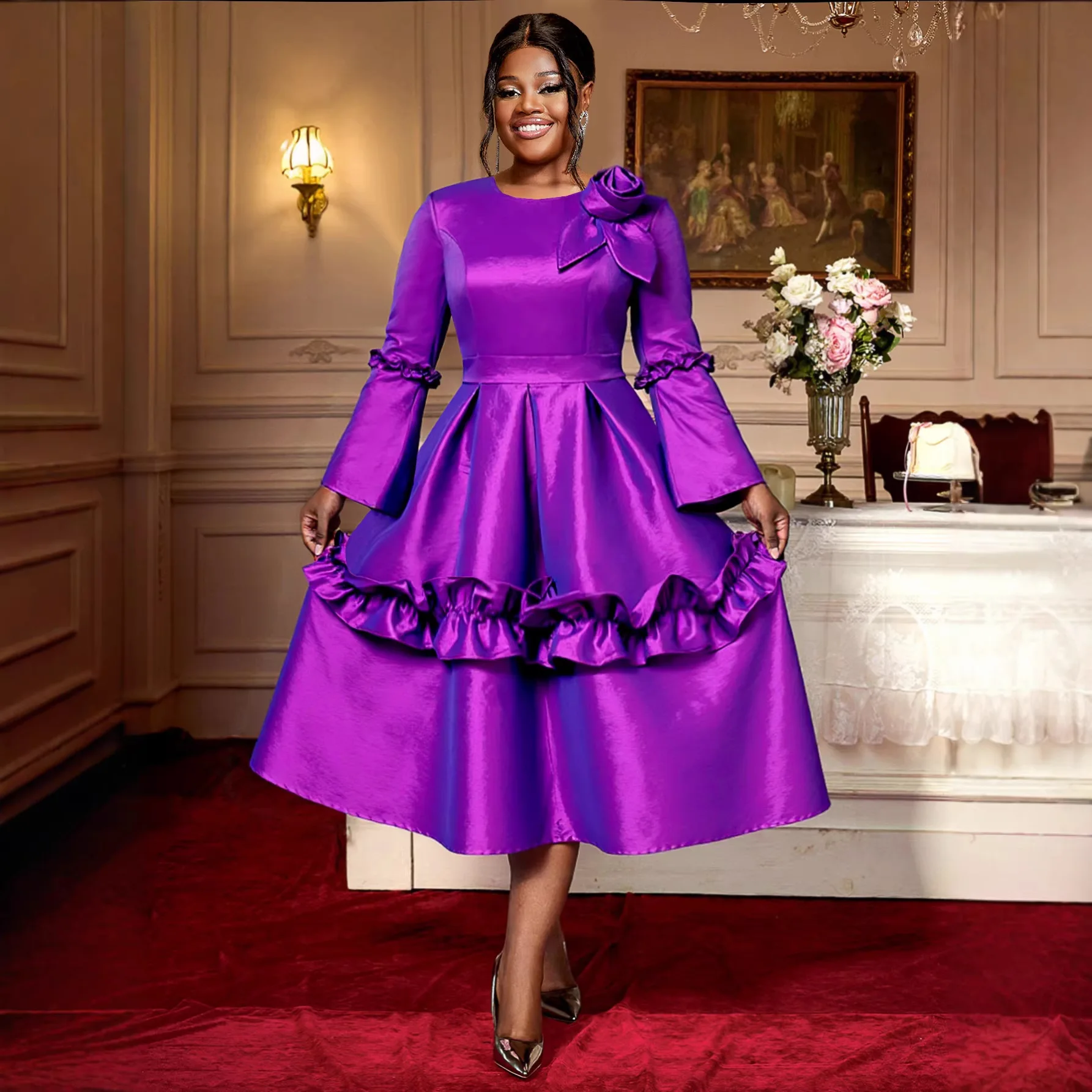 

Африканские платья для женщин с круглым вырезом, длинными расклешенными рукавами, 3D цветами и оборками, миди-длина, идеально подходят для вечеринок, свадеб и особых мероприятий.