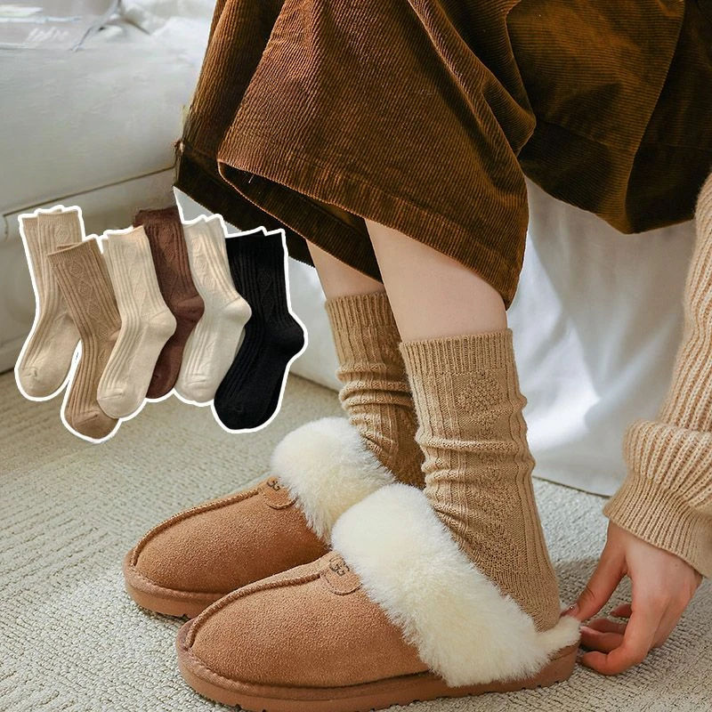 

3/5 Pairs of Wool Socks Women's Mid-tube Socks Autumn and Winter Open-cut Solid Color Mid-tube Socks Simple Solid Color