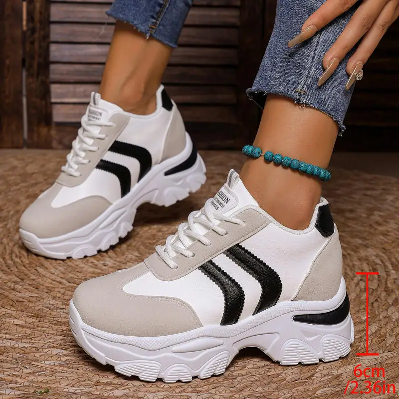 Lightweight Thick Bottom Sneakers Women Autumn 2026 Patchwork Stripe Platform Sports Shoes Soft Height Increase Shoes for Women