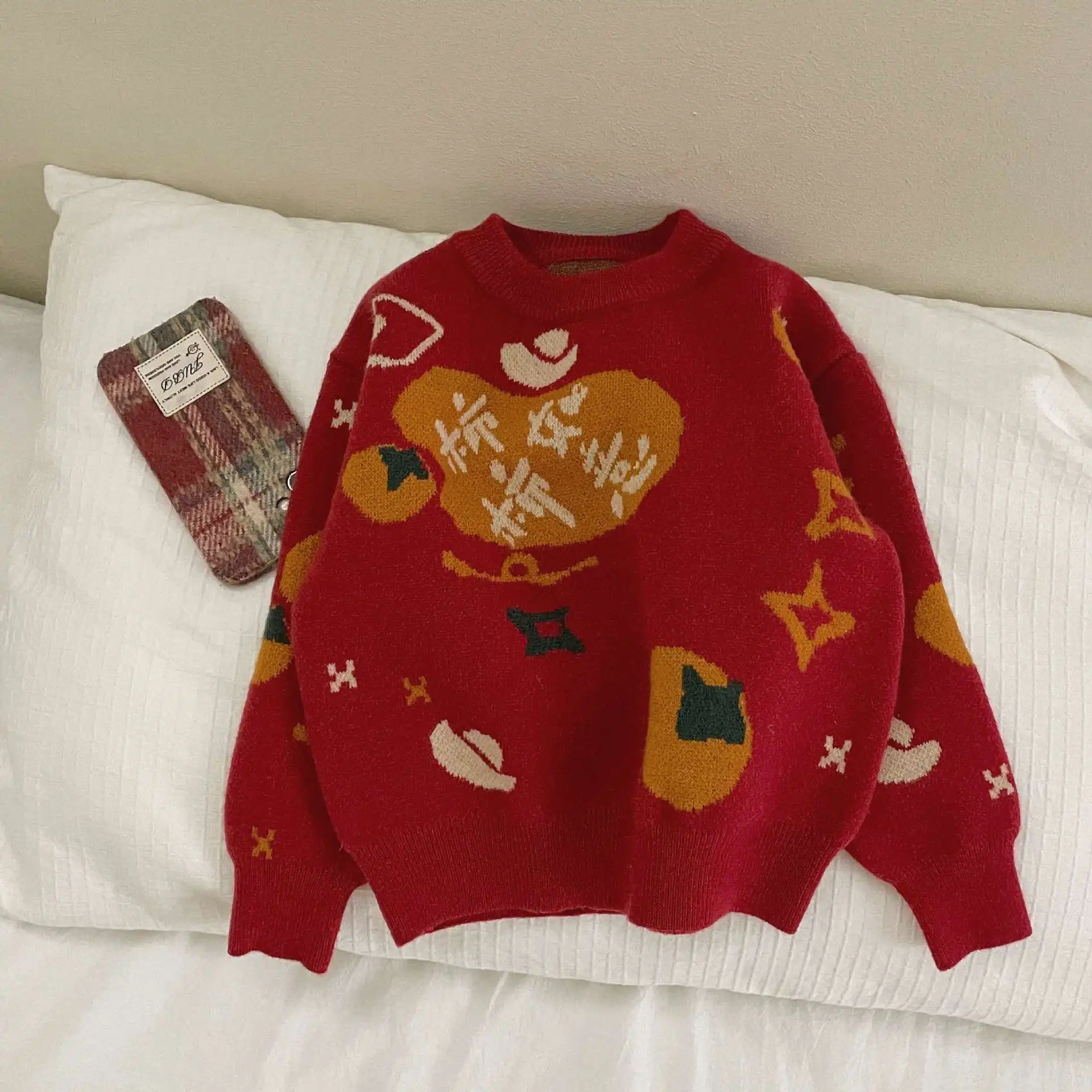 Chinese New Year Boys Sweaters Kids Girls Pullover Good Luck Winter Children's Clothes