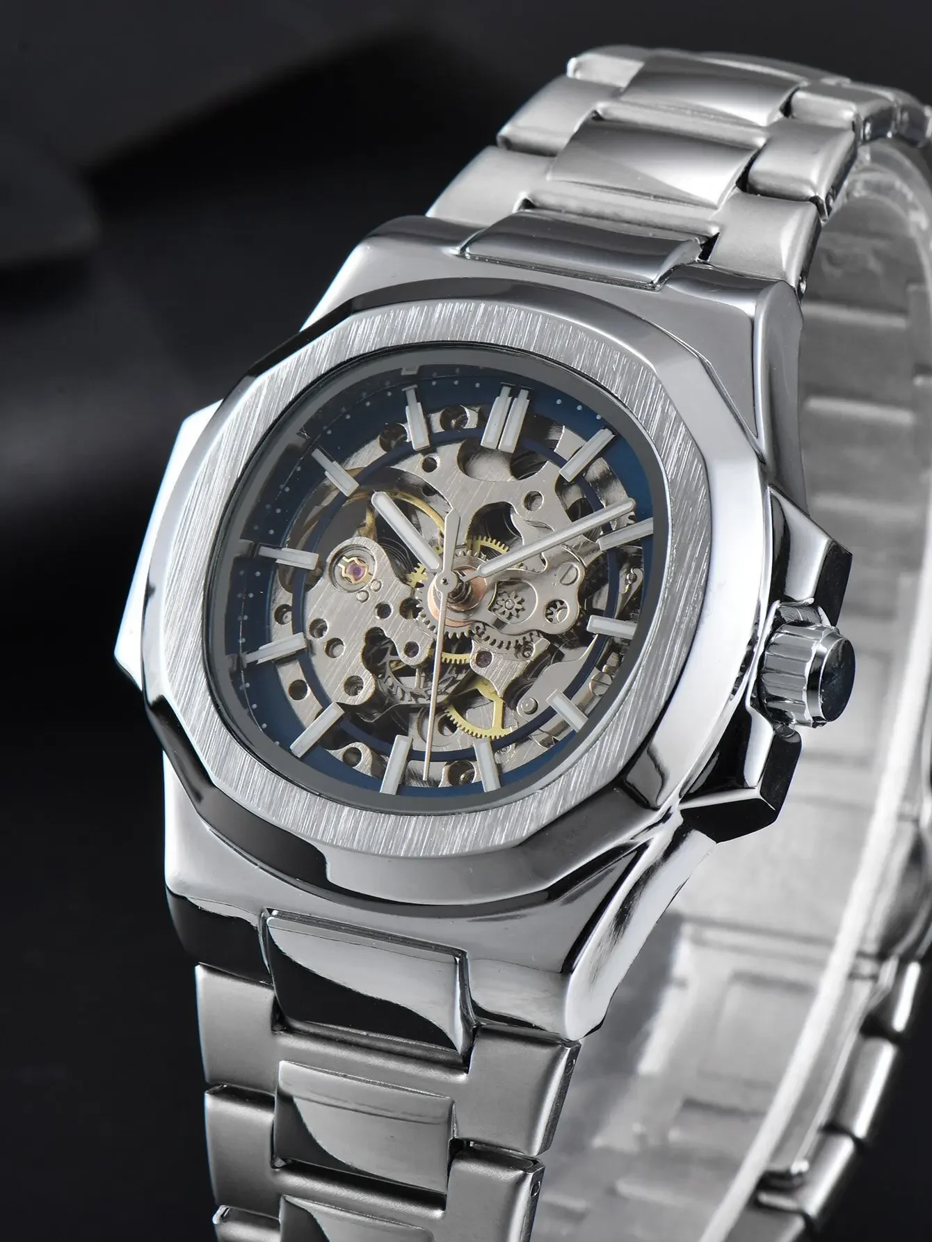 Automatic Mechanical Watch Men Waterproof Skeleton Business Stainless Steel No Logo Gift Watch