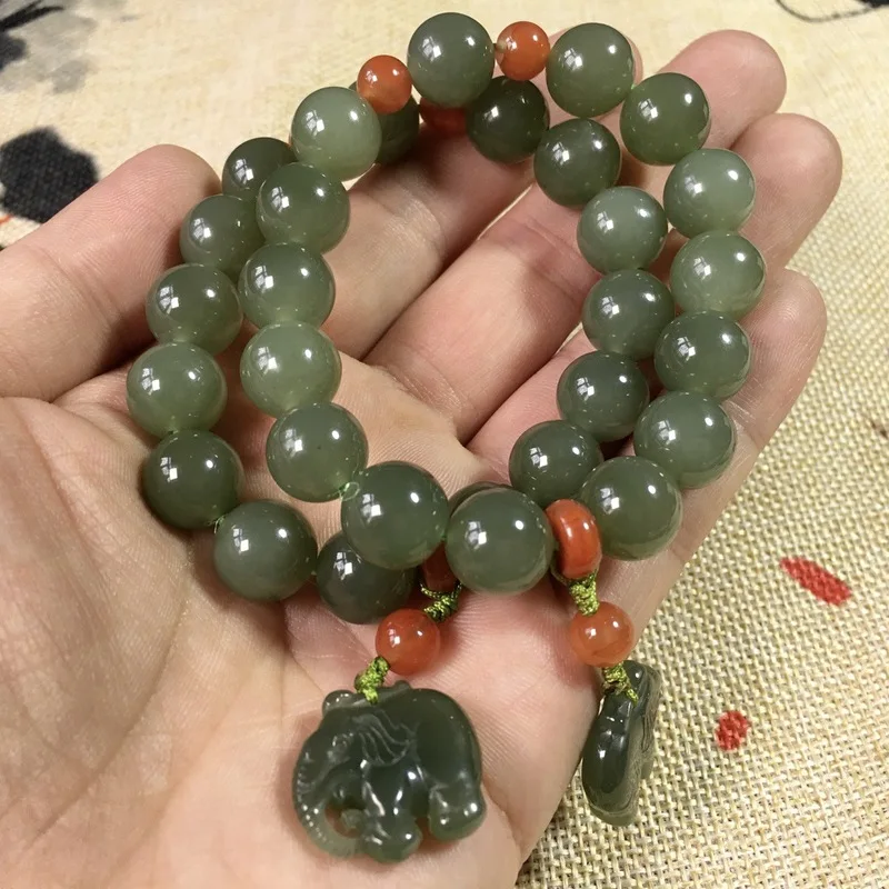 Little , Hetian Jade Oil Green Qinghai Material Round Bead , Animal Elephant Bracelet