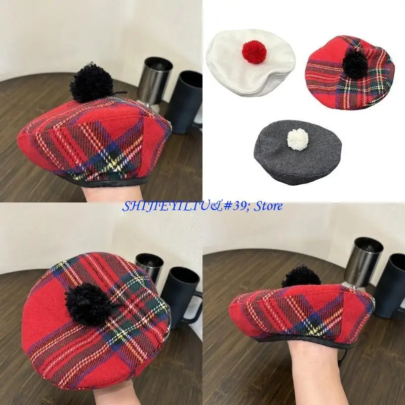 

E21F Lovely Scottish Bonnet Hat for 3-6Years Old Girl Chauffeur Hat Elegant Newsboys Caps Vintage Kids Winter Warm Painter Hat