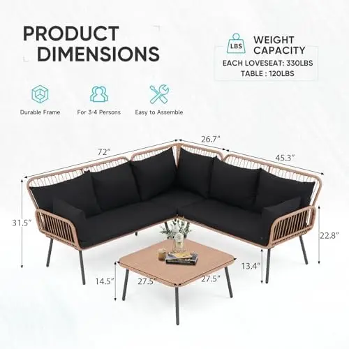 4-Piece Outdoor Wicker Patio Furniture Set with Cushions & Square Table, Black