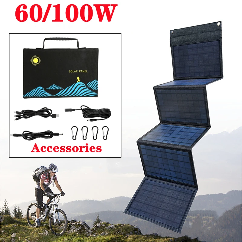 foldable painel solar folding bolsa fonte de alimentacao portatil bolsa impermeavel ao ar livre dual usb e dc output 60 w 100w 01