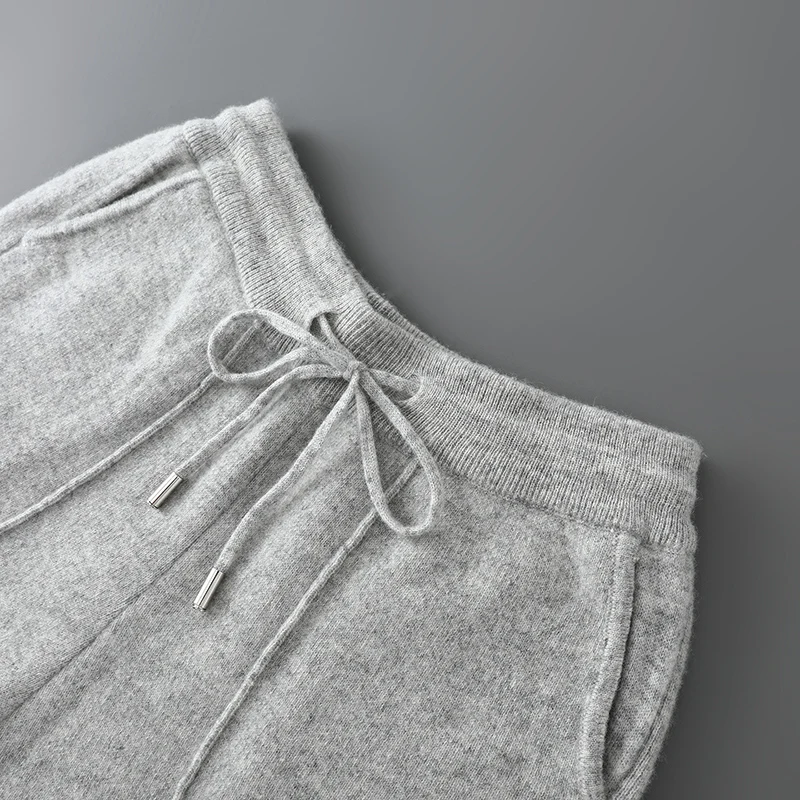 두꺼운 남성용 울 와이드 레그 팬츠 신축성 있는 허리밴드 바지 가을 겨울 에어 레이어 캐시미어 100% 메리노 울 니트 스마트 캐주얼 팬츠