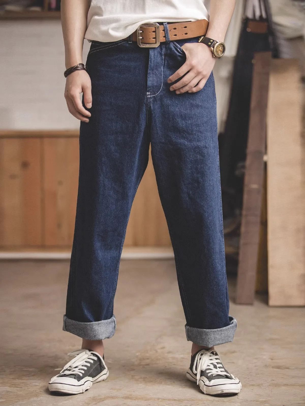 

Maden Vintage Hong Kong Sle Wide Leg Pants Deep Blue Oversize Loose Straight Cut Jeans Men Spring High Waist Casual Cotton ...