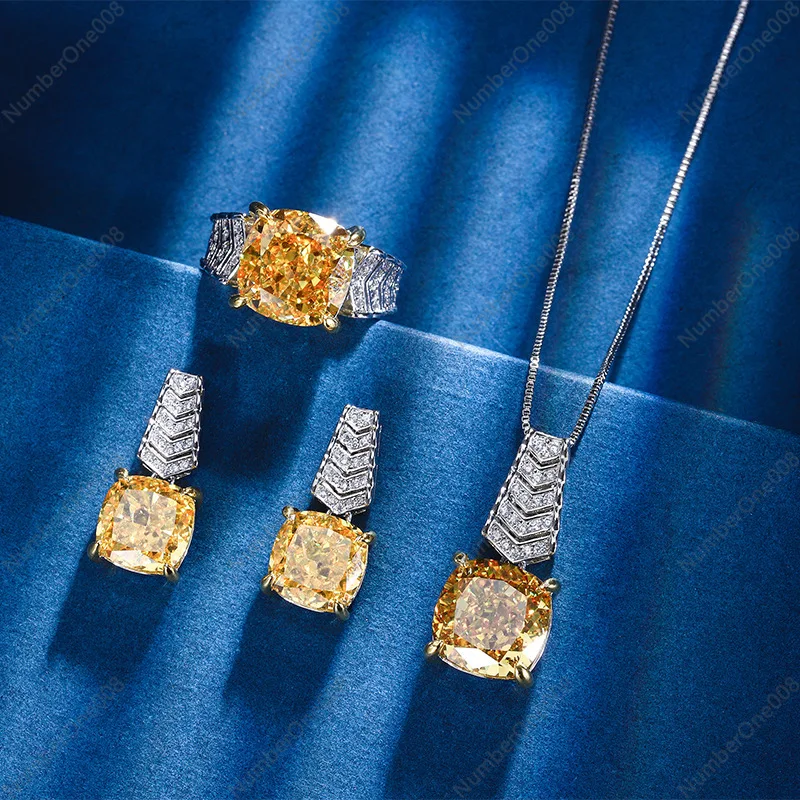 New High Carbon Diamond Ice Flower Cut Artificial Yellow Diamond Light Luxury Set Women's Stud Earrings Pendant Ring Versatile