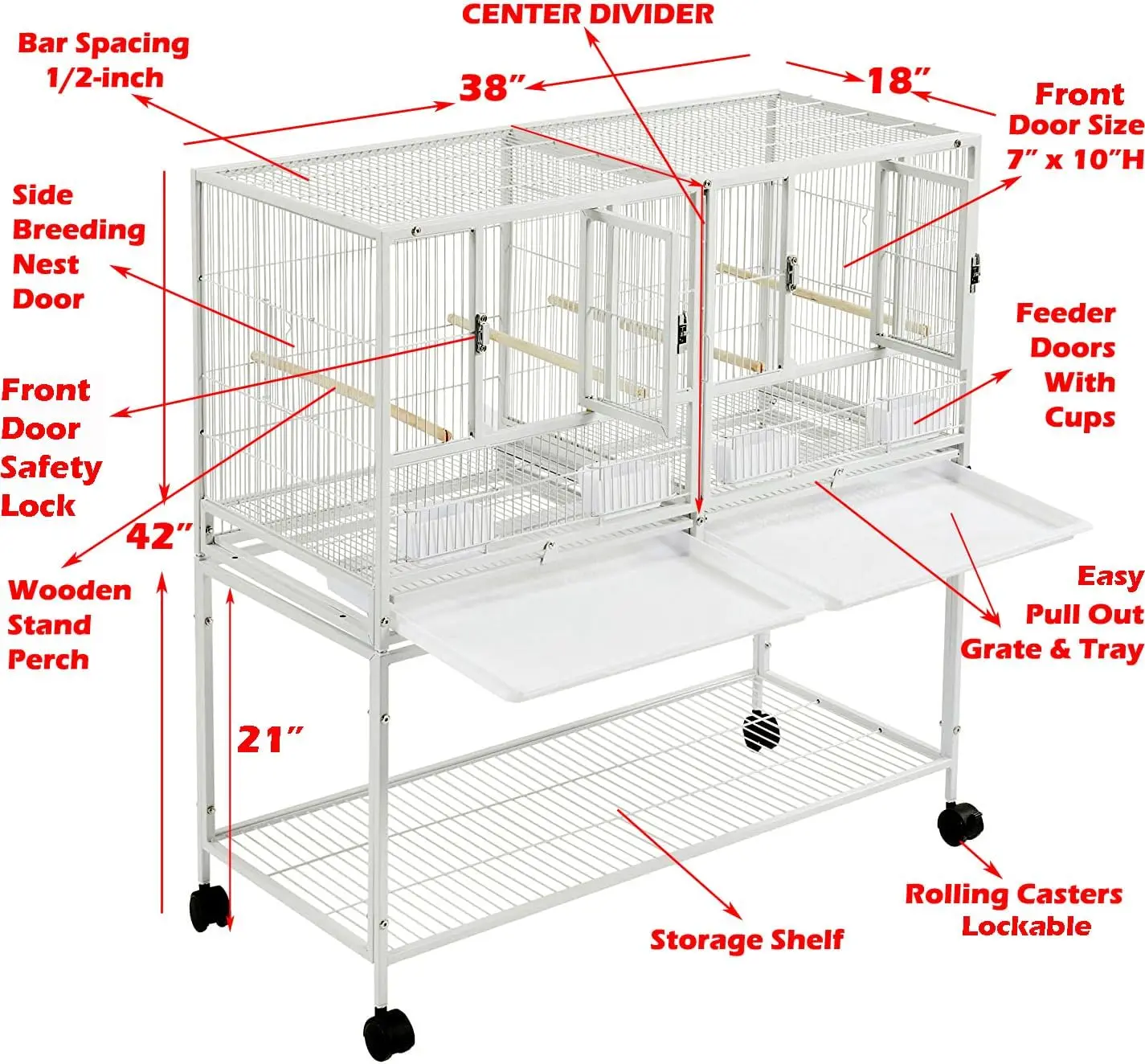 Single Stackable Center Divided Breeder Breeding Bird Flight Double Rolling Cage for Aviaries Canaries Cockatiels Lovebirds