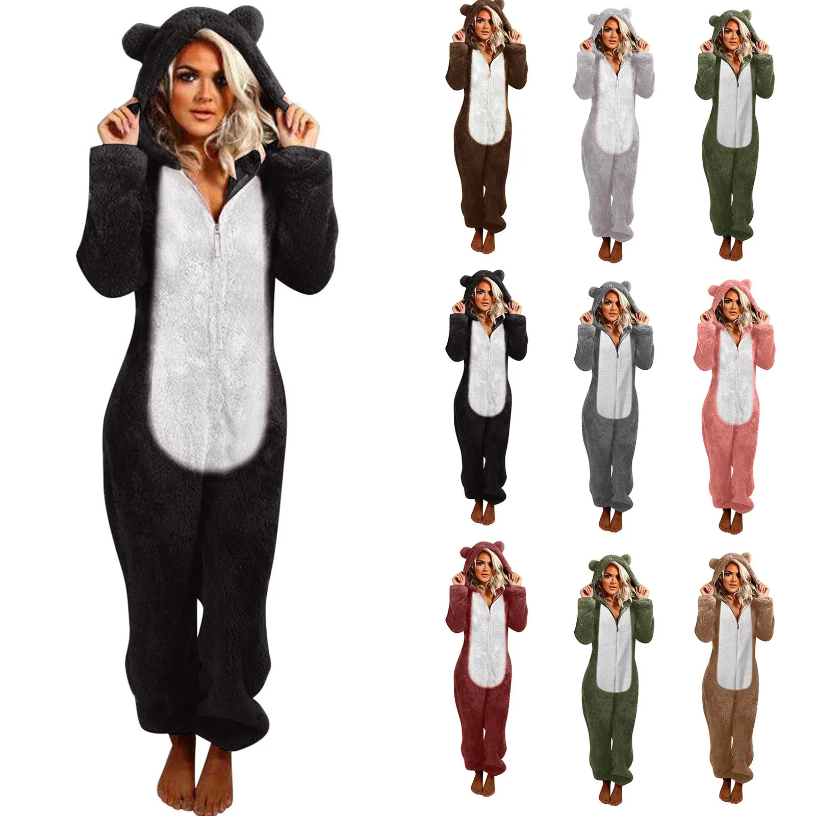 Plus Size Coral Fleece Jumpsuit For Women Christmas Pajamas One-Piece Pyjamas Winter Warm Women Hooded Onesies Sleepwear S-3xl