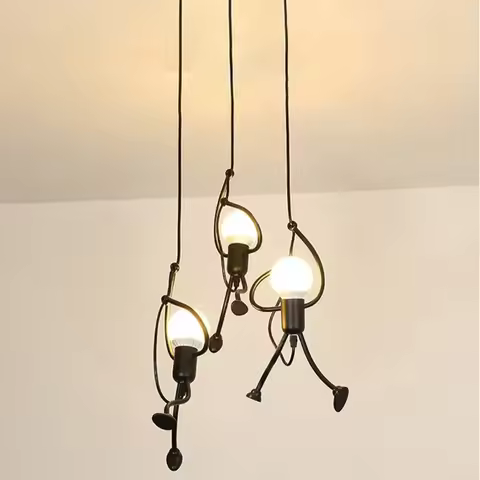 E27 Pendant Lights Vintage Iron Little Man Modern Arts Chandelier LED Ceiling Lamp Home Living Room Children Bedroom Decor Black