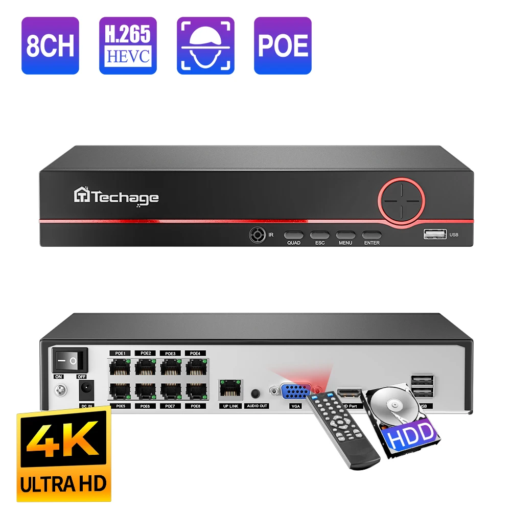 Techage-Sistema de Vigilância NVR CCTV Segurança, Câmera IP, Câmera de Monitoramento, Entrada NVR, H.265, 8CH, 5MP, 4MP, 3MP, 1080p