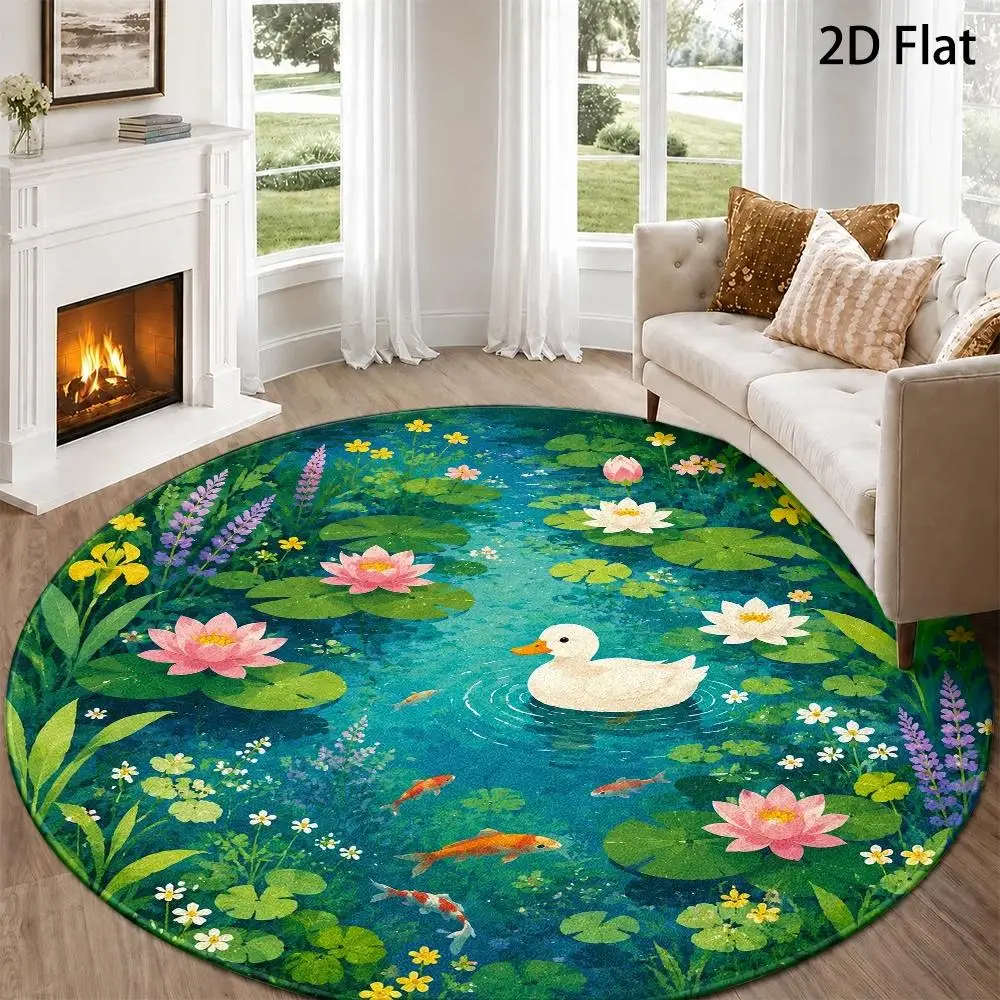 Green Water Garden Circular Decor Mat Colorful Aquatic Flowers Duck and Goldfish Printed Round Rug for Natural Style Living Room