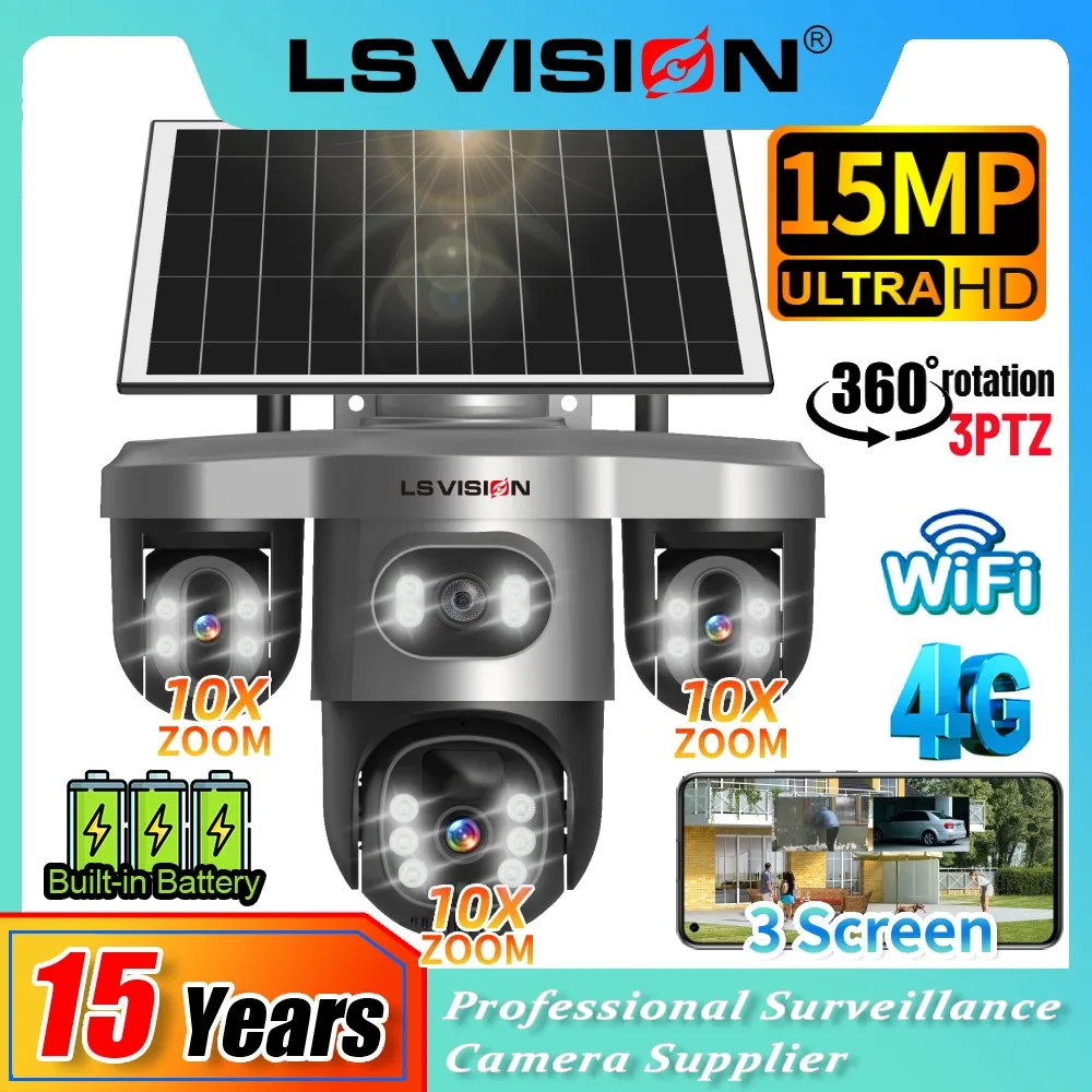 

LS VISION 15MP 3-Screen 4G Wifi Solar Camera 10XZoom 360°PTZ Electric PIR Human Detect CCTV Outdoor Surveillance Camara V380 Pro