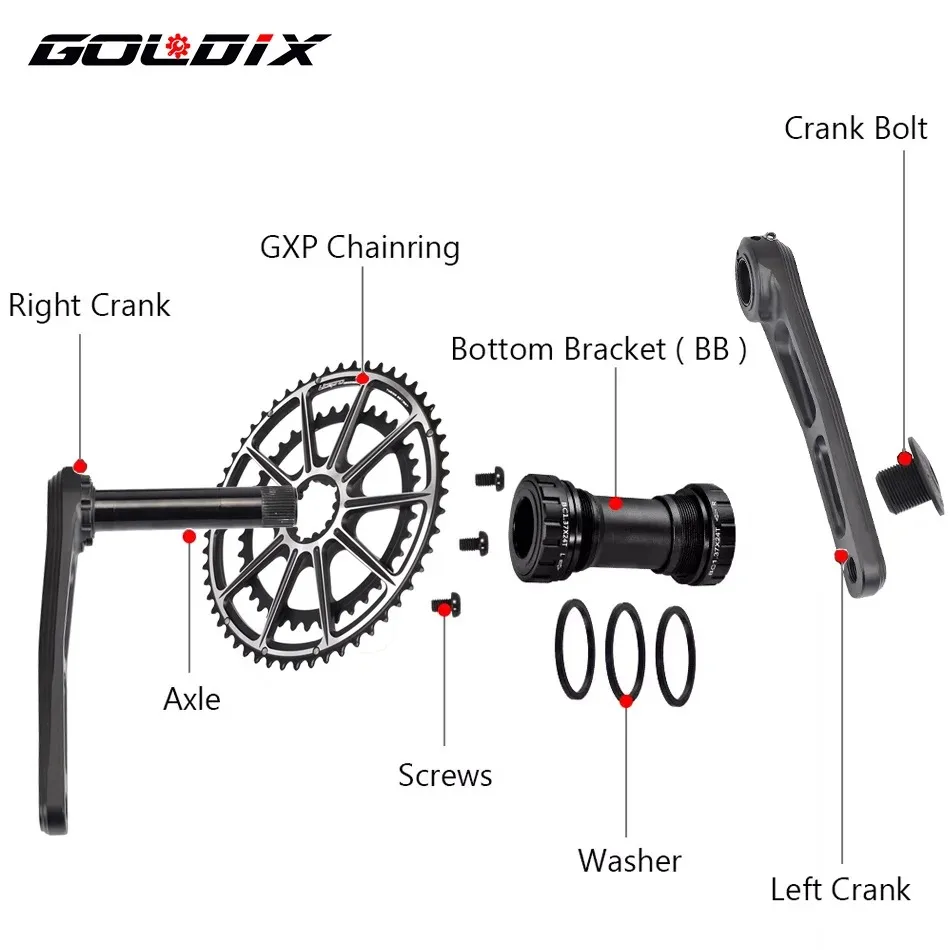 GOLDIX Ultralight Road Bike Crankset 50-34T/52-36T/53-39T for 3 Bolt Double Chainring 165/170/175mm Length Hollow Bicycle Crank