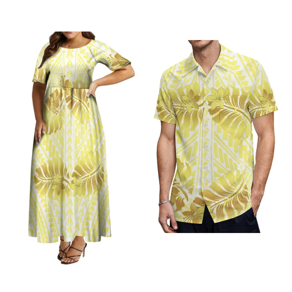 

Women'S Dress Men'S Shirt Casual Suit Summer Polynesian Tribal Couple Dress Custom Island Dress Floral Print Fluffy Dress