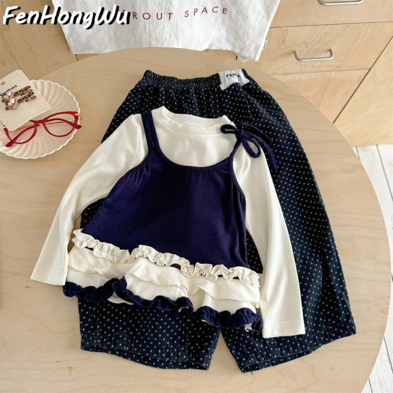 

Girls Sweet Outfit Autumn New Children's Polka Dot Wide-Leg Pants Two-Piece Set Baby Clothes Trendy