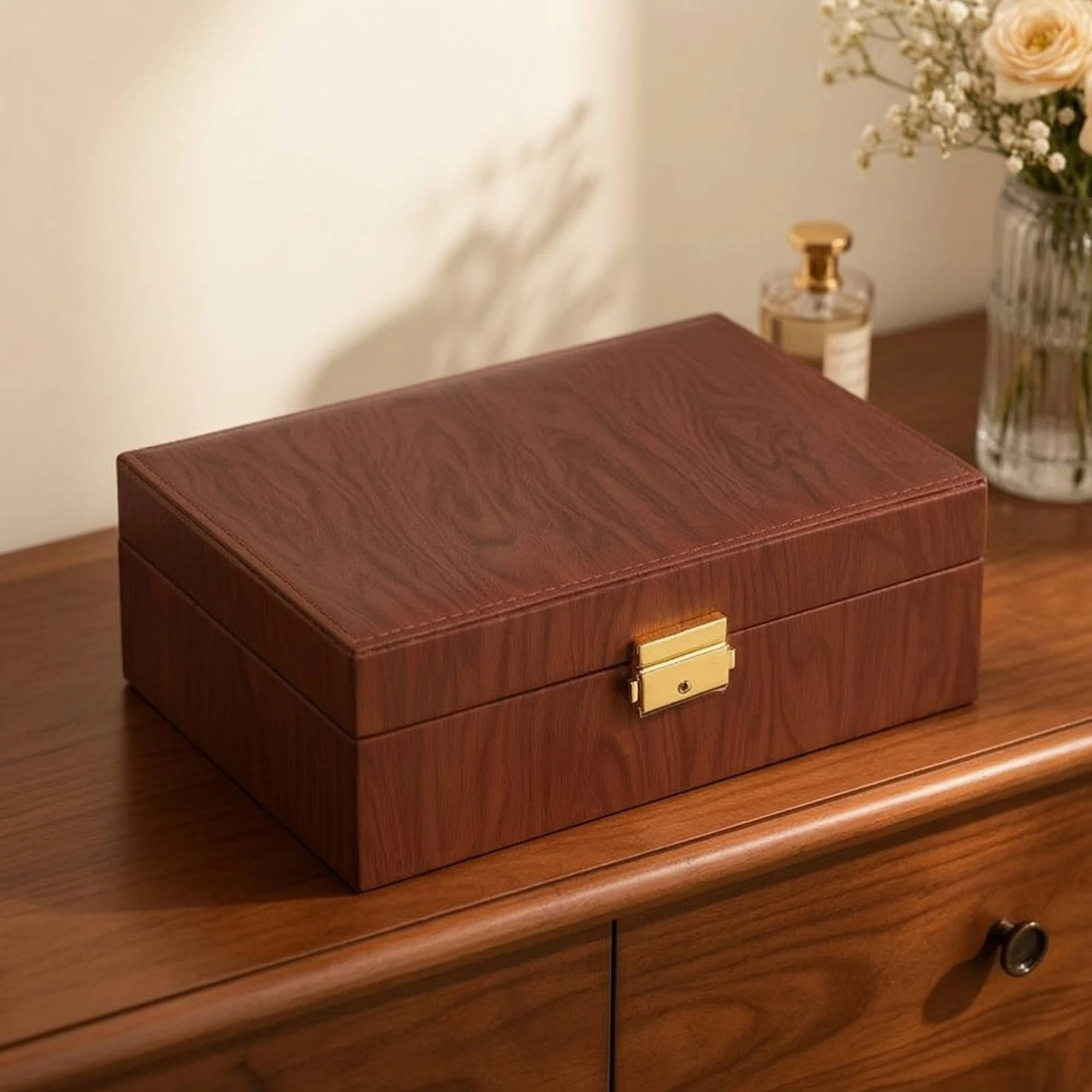 Jewelry Box with Latch Tangle-Tangle-Proof Two-Tier Jewelry Case Compact Soft for Women, Dresser, Vanity