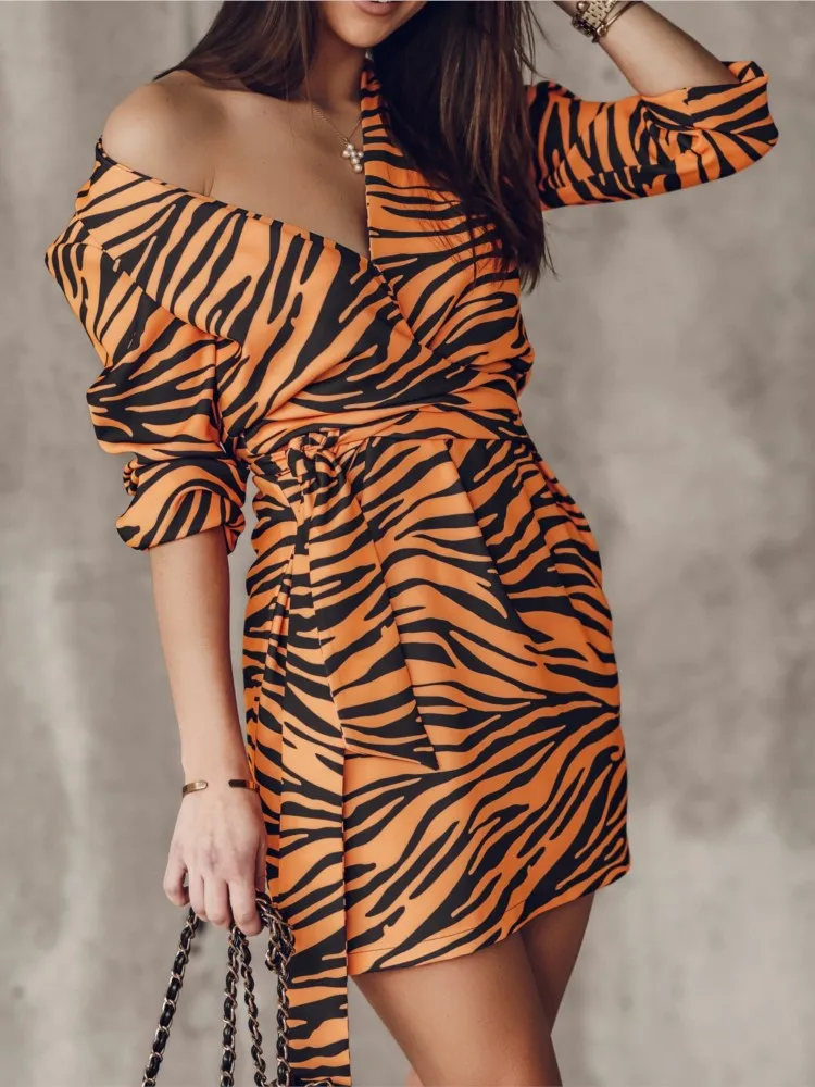 

Spring Summer Women's New Sexy V-neck Fashionable Zebra Print Dress Casual Loose Lace Up Waist Cinching Short Dress