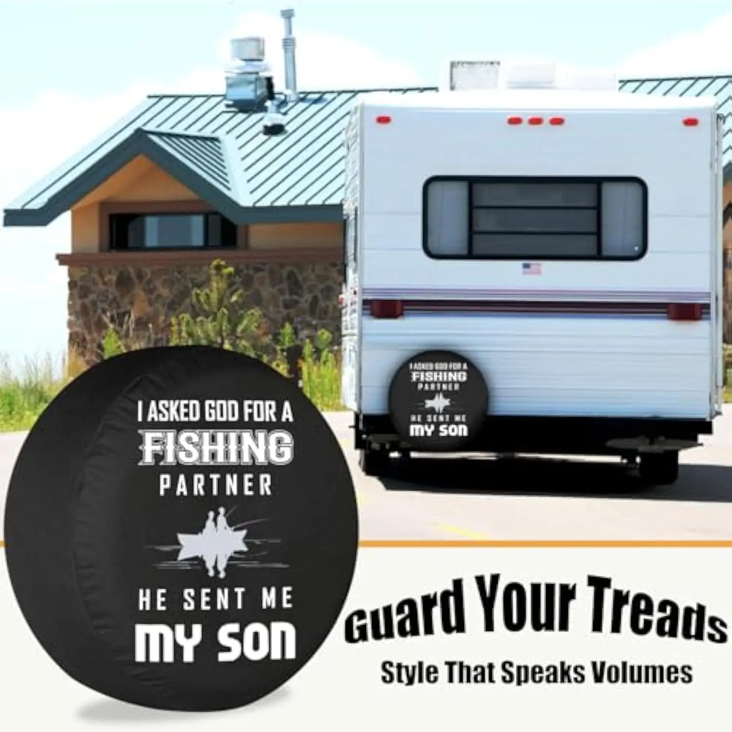 I Asked God For A Fishing Partner Son Spare Tire Cover Durable Waterproof Truck SUV RV Wheel Protector