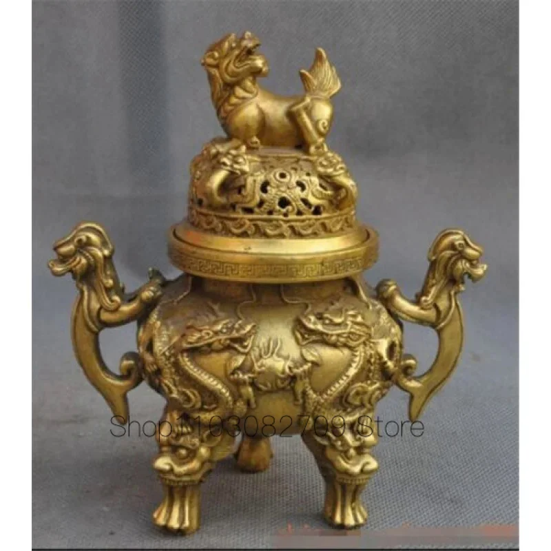 

Old bronze dragon lion beast statue Tripod Censor censer Incense Burners