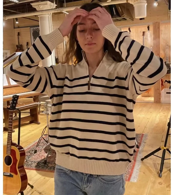 

Свободный полосатый вязаный пуловер для женщин, с цветовыми блоками, в стиле оверсайз, с длинными рукавами, из хлопка, осенний, стандартный крой